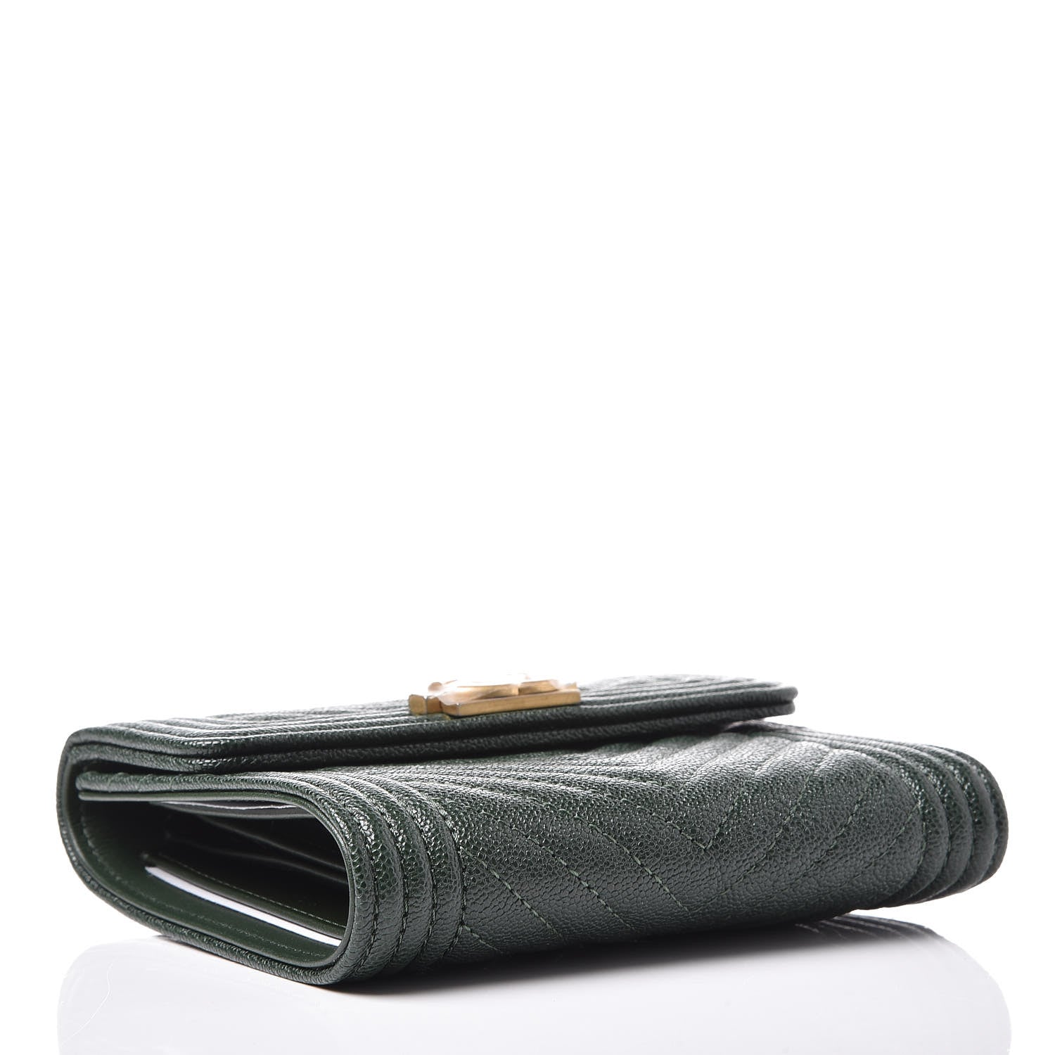 Chanel Caviar Chevron Quilted Boy Compact Wallet Dark Green 4 of 12