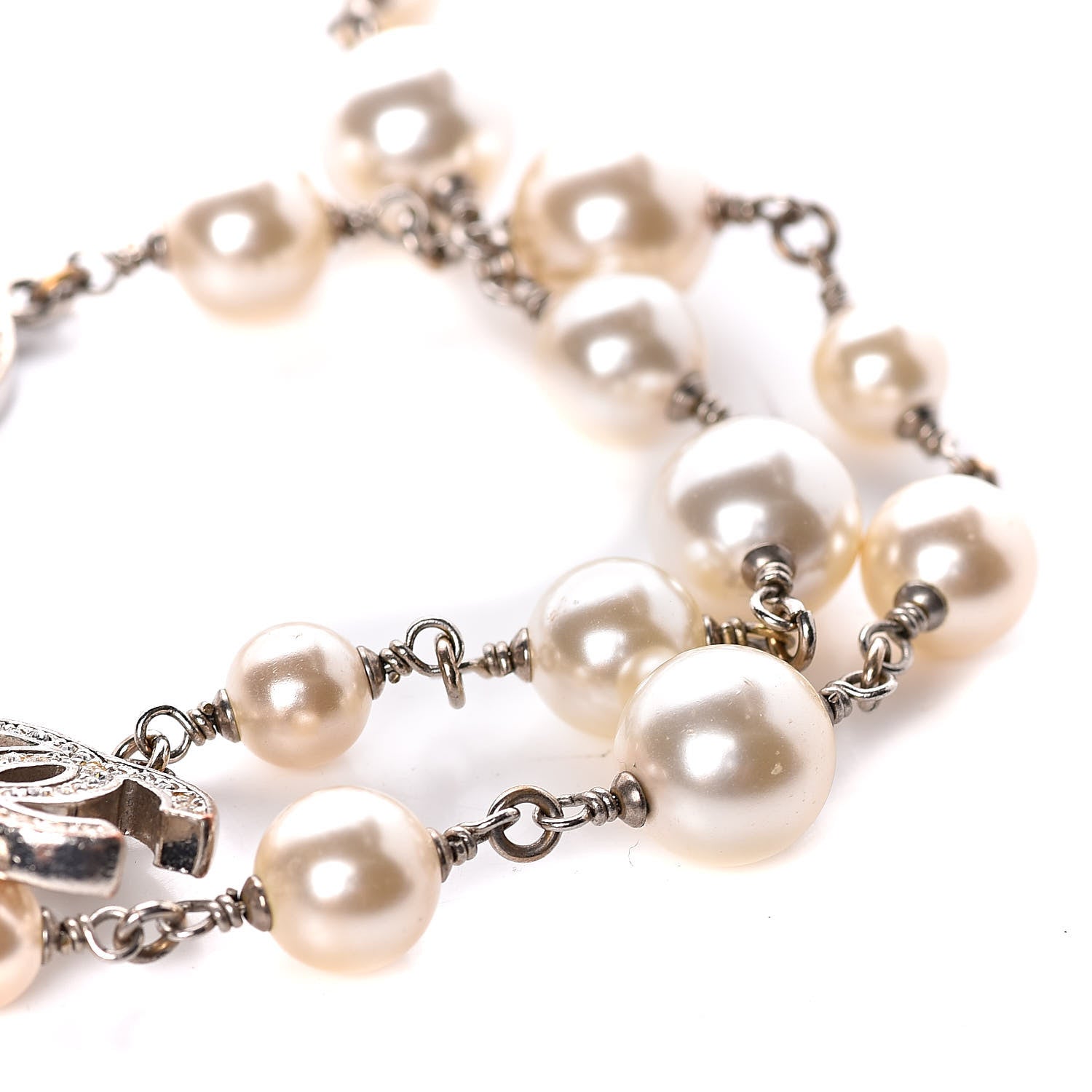 Chanel Graduated Pearl Crystal CC Long Necklace Silver 6 of 9