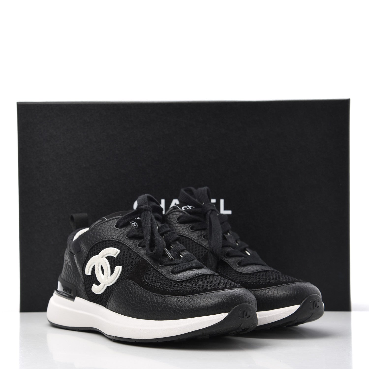 Chanel Calfskin Mesh Lycra Suede Womens Logo Sneakers 36.5 Black 9 of 9