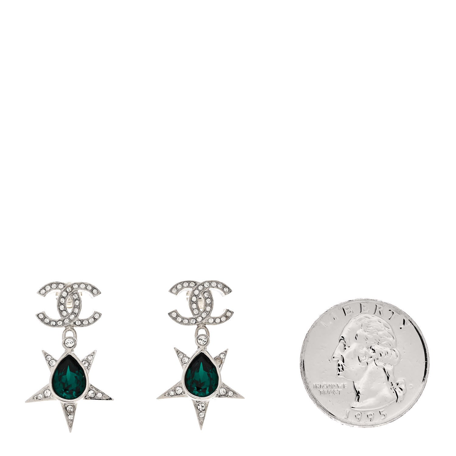 Chanel Crystal CC Star Drop Earrings Silver Green 2 of 5