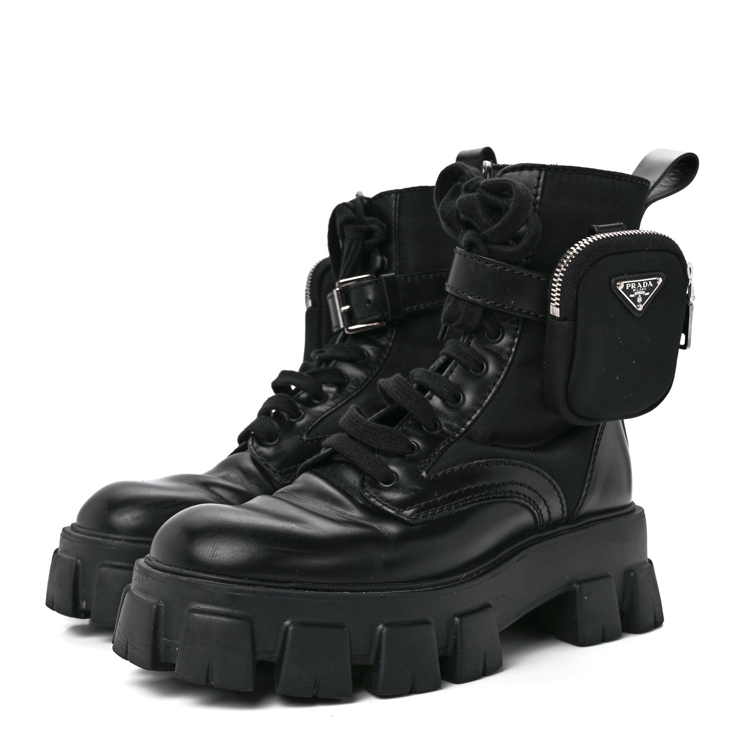 Prada Spazzolato Rois Re-Nylon Metal Triangle Logo Mens Monolith Pouch Pocket 60mm Combat Boots 6 Black 3 of 9