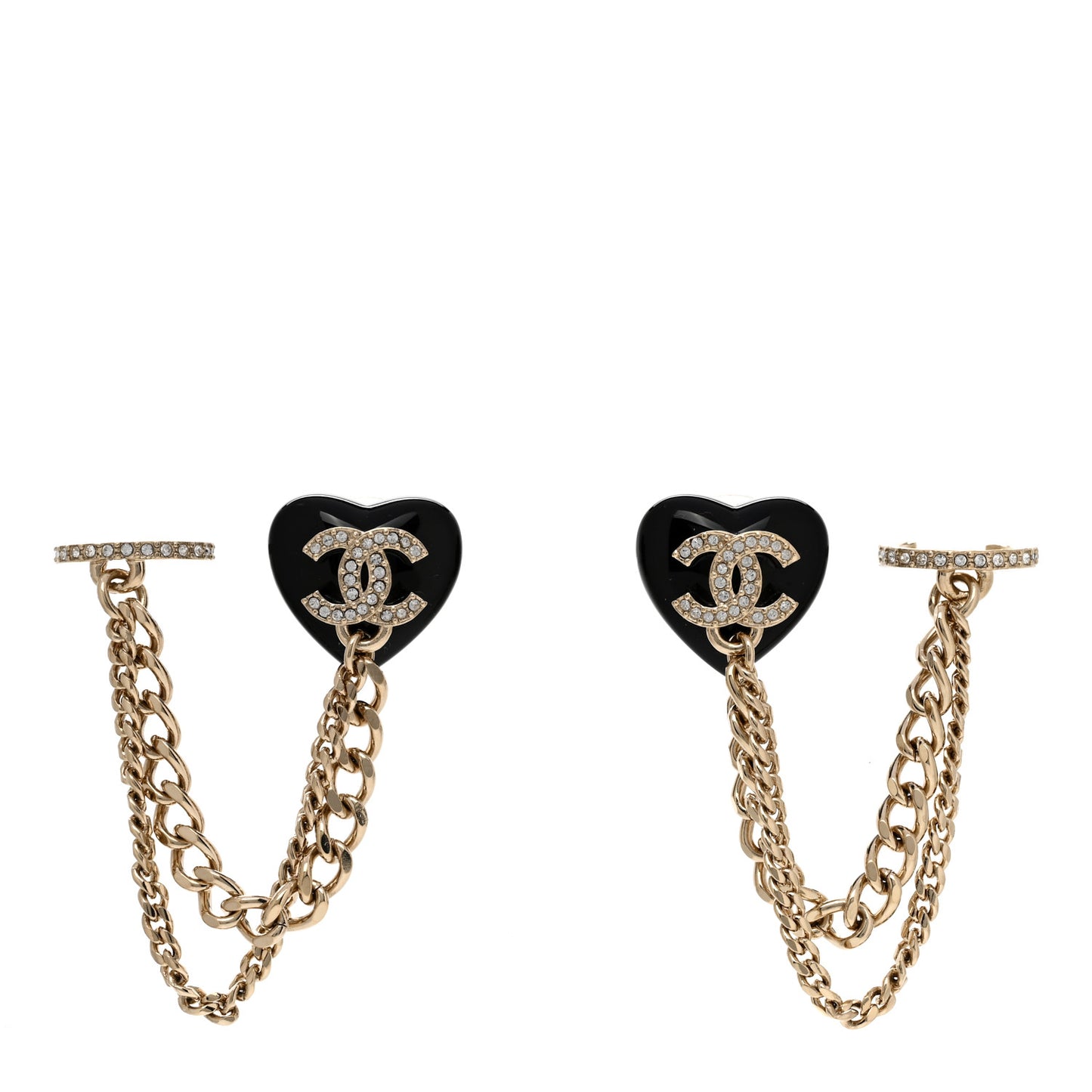 Resin Crystal CC Heart Chain Cuff Earrings Black Gold