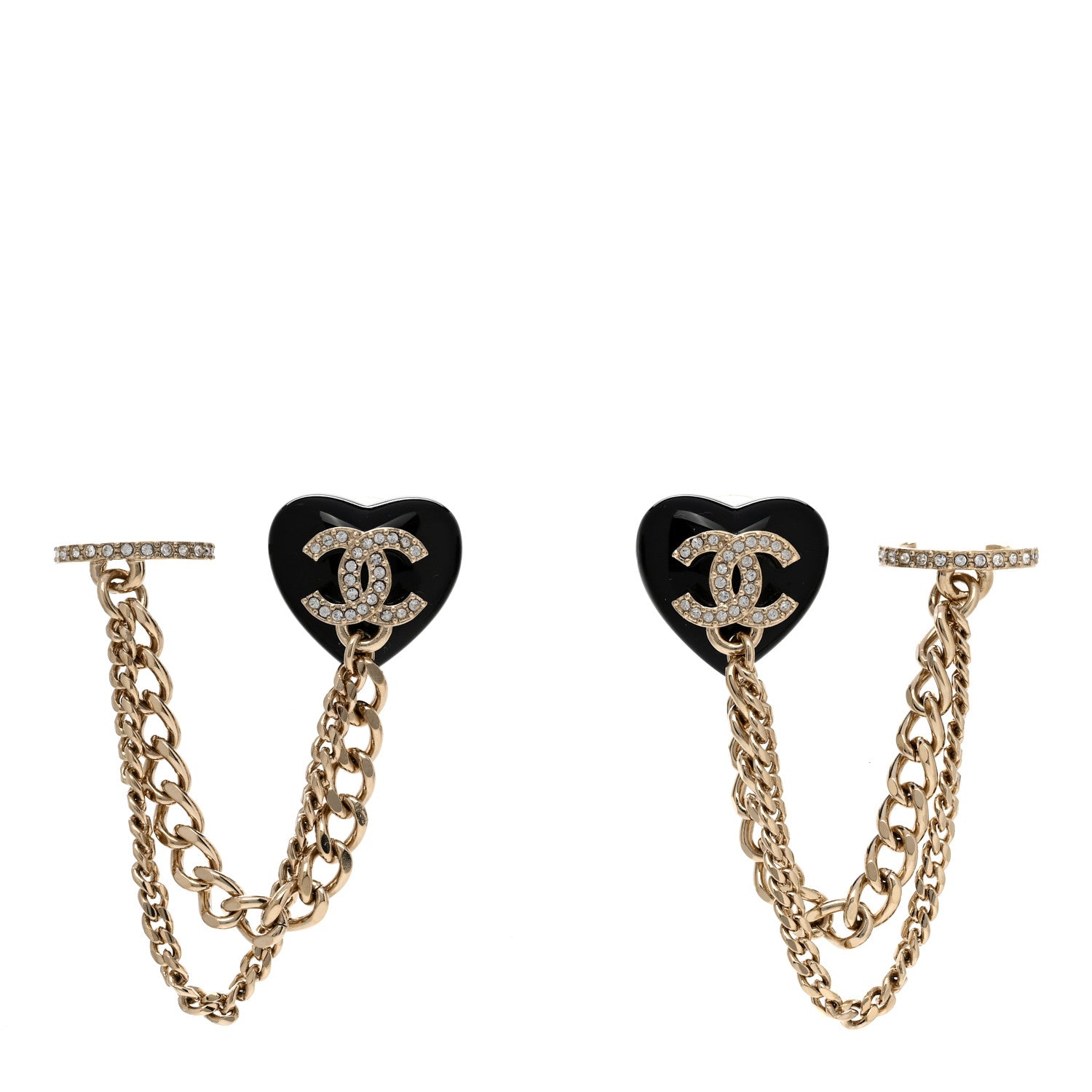 Chanel Resin Crystal CC Heart Chain Cuff Earrings Black Gold 1 of 4
