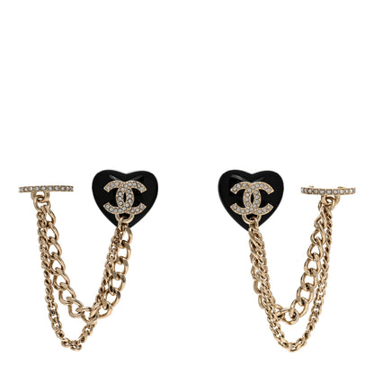 Chanel Resin Crystal CC Heart Chain Cuff Earrings Black Gold 1 of 4