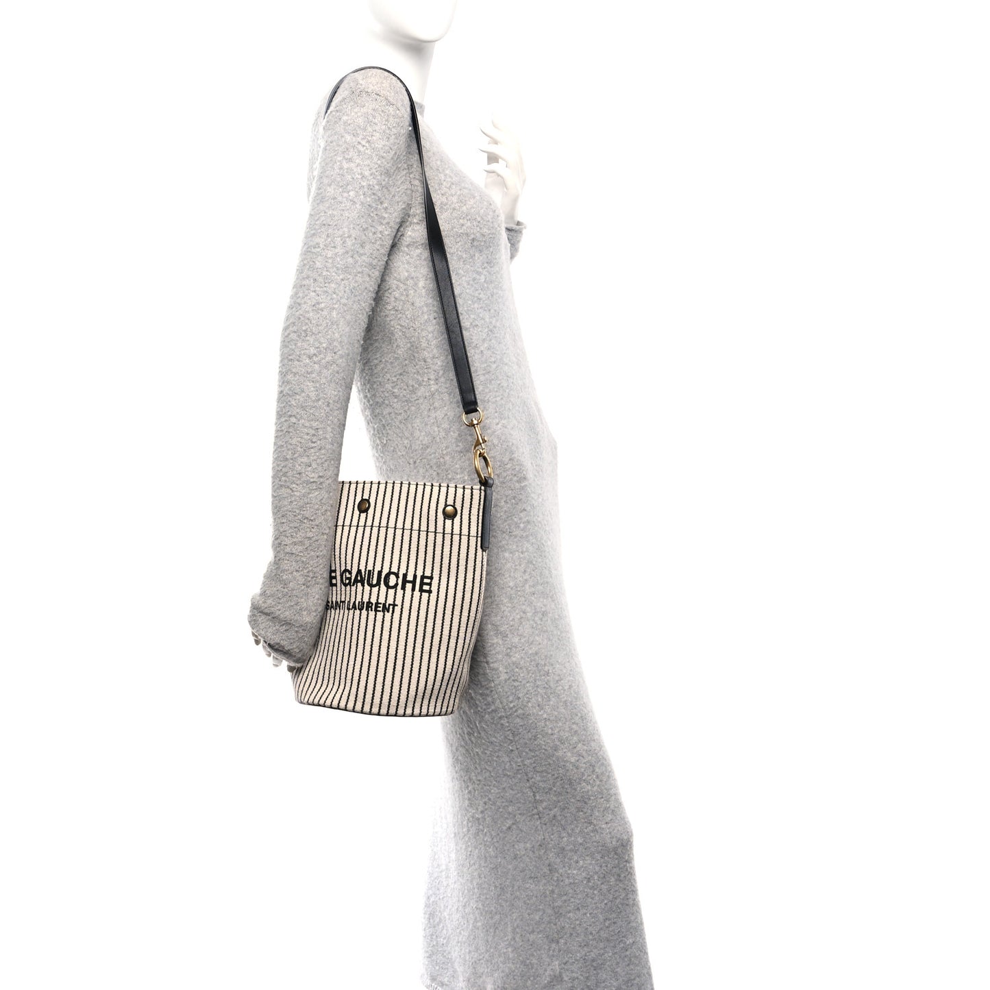 Linen Calfskin Striped Rive Gauche Bucket Bag Grey Cream Black