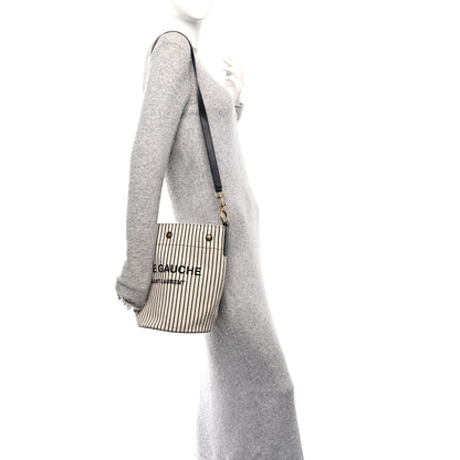 Saint Laurent Linen Calfskin Striped Rive Gauche Bucket Bag Grey Cream Black 2 of 11