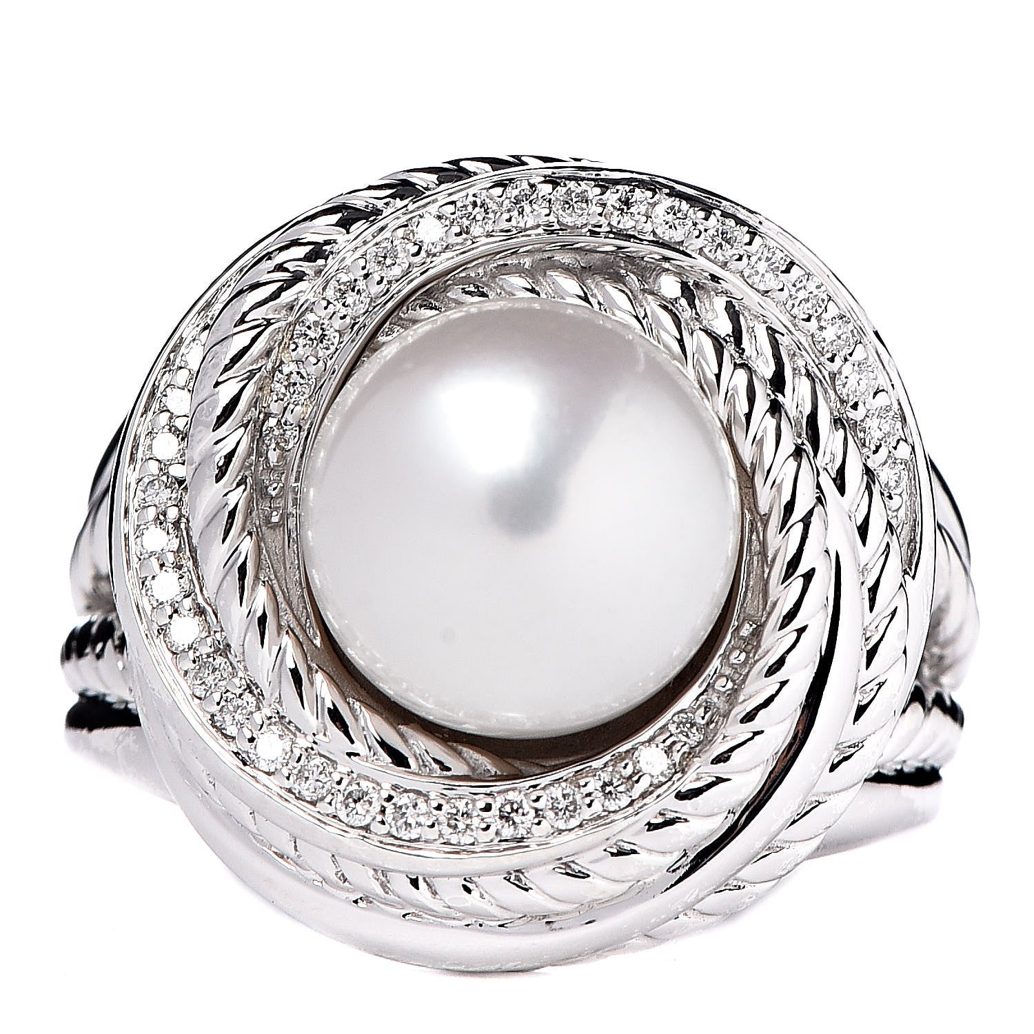 David Yurman Sterling Silver Diamond Pearl 10mm Crossover Ring 54 7 1 of 5