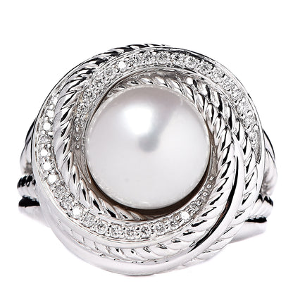 David Yurman Sterling Silver Diamond Pearl 10mm Crossover Ring 54 7 1 of 5