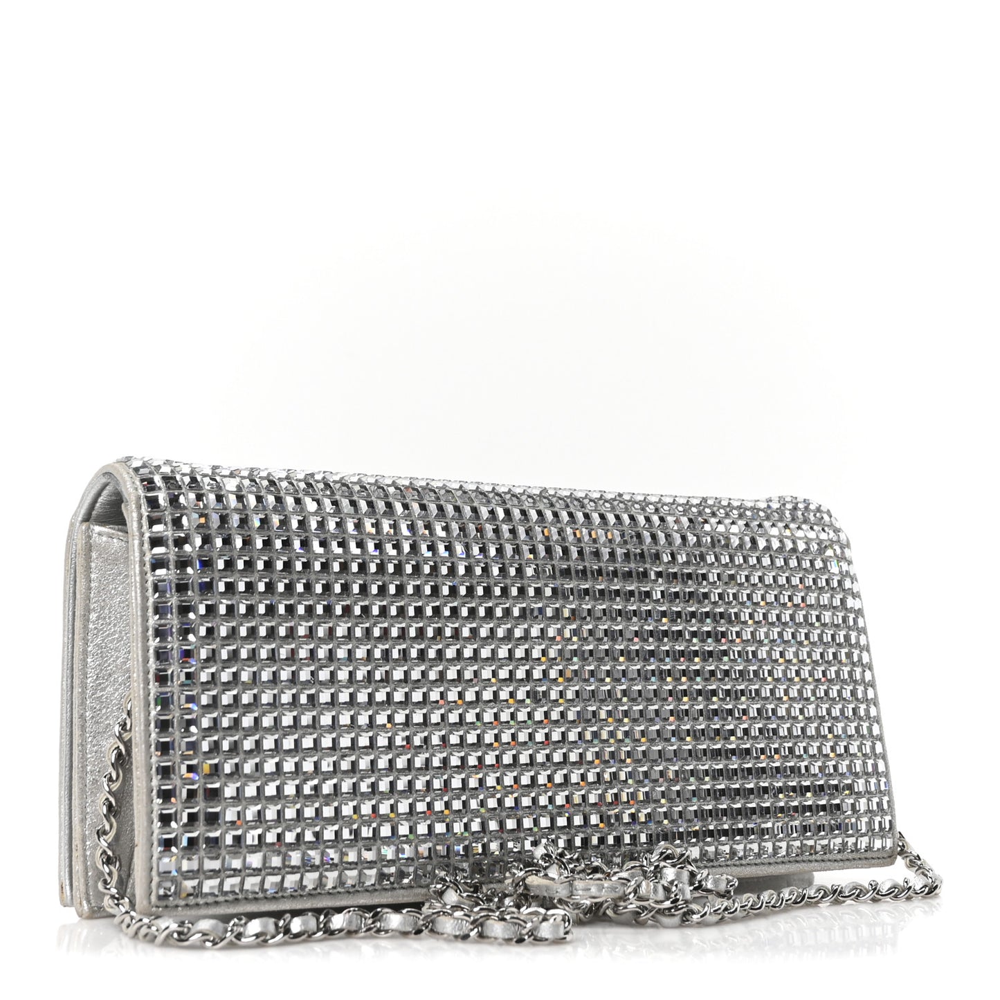 Metallic Goatskin Strass Chain Evening Clutch Silver