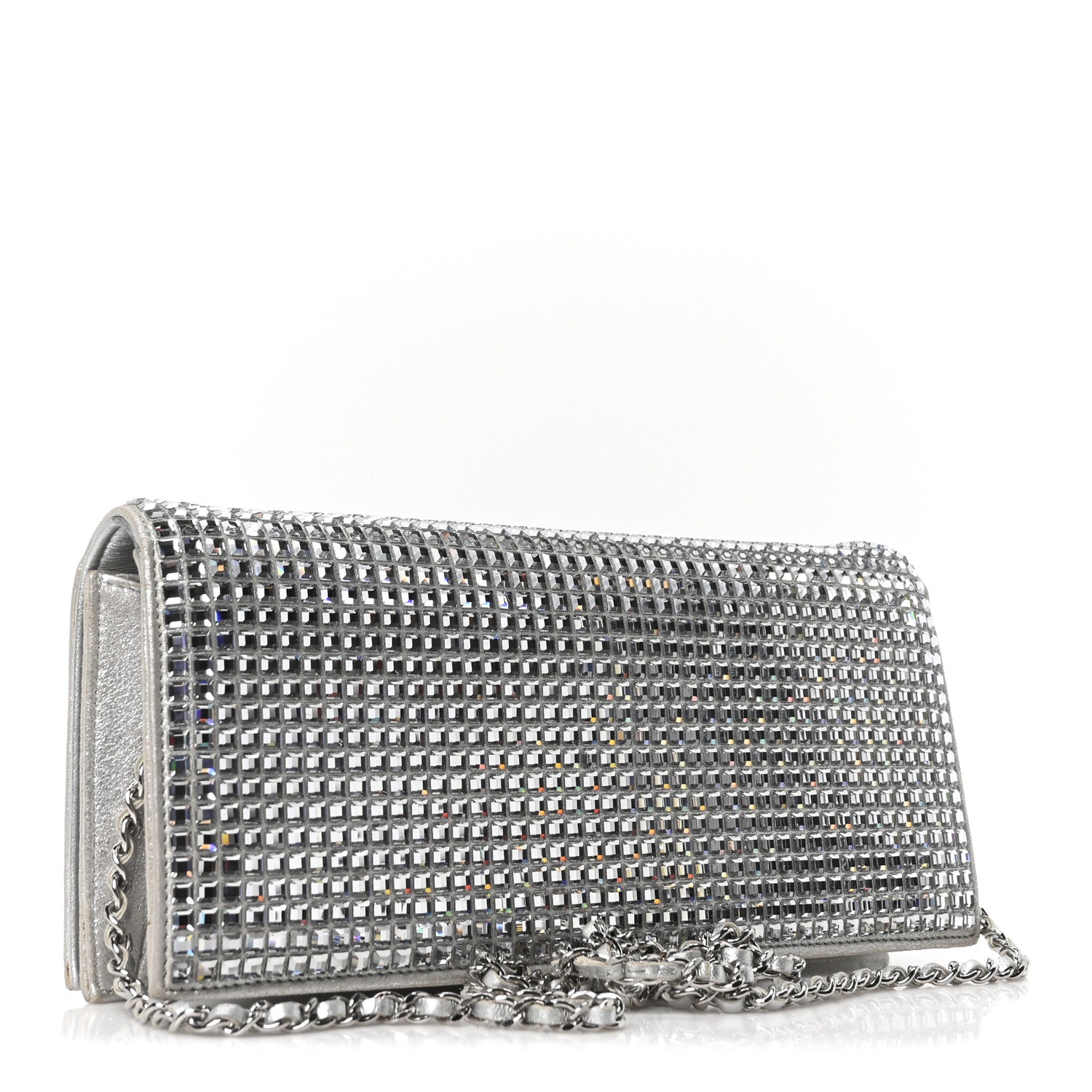Chanel Metallic Goatskin Strass Chain Evening Clutch Silver 3 of 10