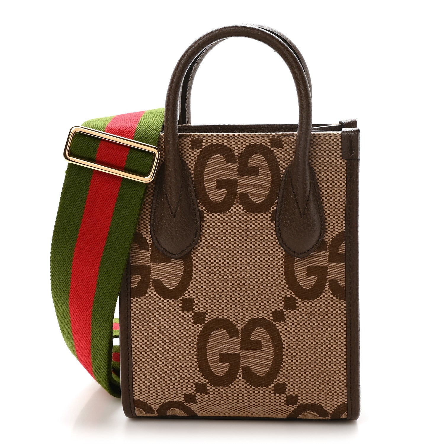 Gucci Monogram Jumbo GG Textured Dollar Calfskin Web Mini Vertical Tote Camel Ebony New Acero 1 of 10