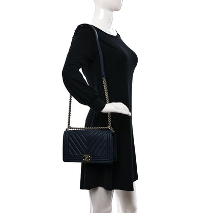Chanel Lambskin Chevron Medium Boy Flap Dark Navy Blue 2 of 10