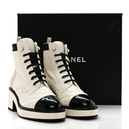 Chanel Pearly Calfskin Patent Calfskin Quilted Lace Up Boots 38.5 White Light Gray Black 16 of 16