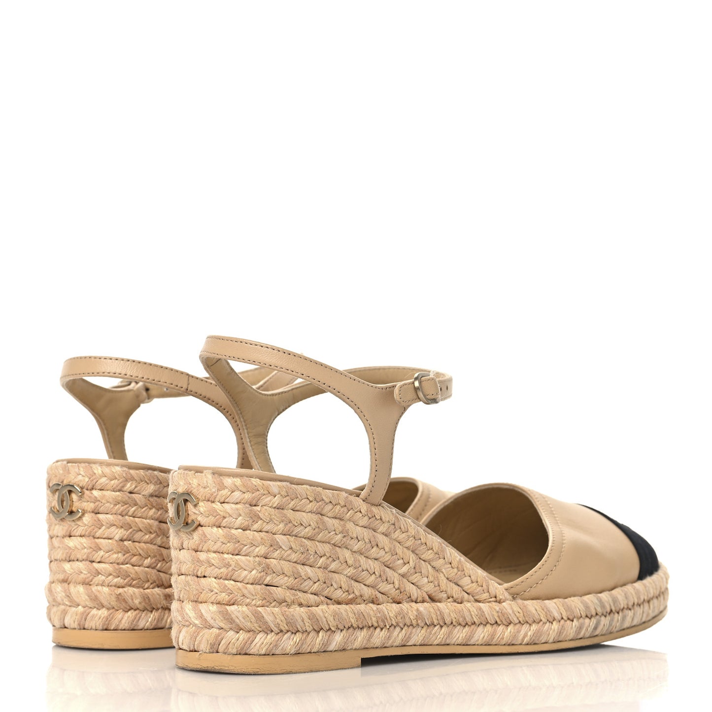 Lambskin Grosgrain CC Espadrilles Wedges 40 Beige Black