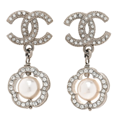 Chanel Crystal Pearl Camellia CC Coco Flapper Drop Earrings Silver 1 of 4