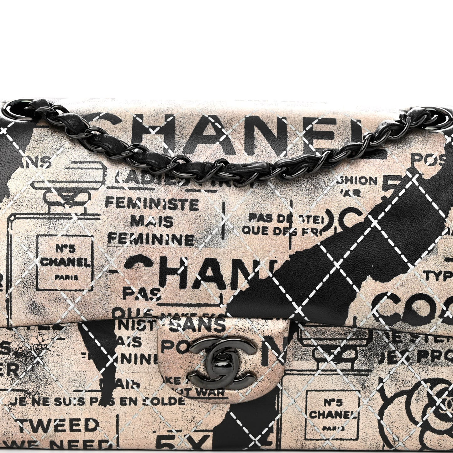 Metallic Lambskin Painted Feministe Newsprint Medium Double Flap So Black