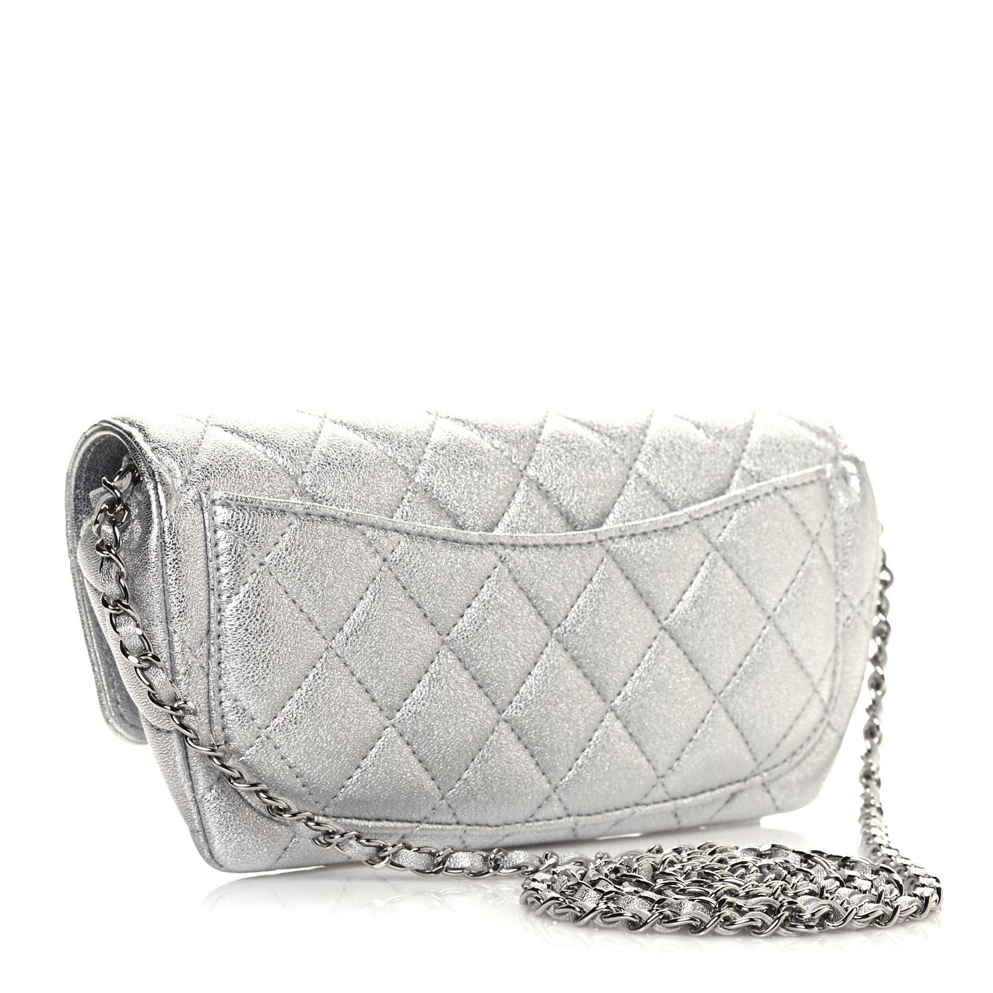 Metallic Lambskin Quilted Glasses Case With Chain Silver