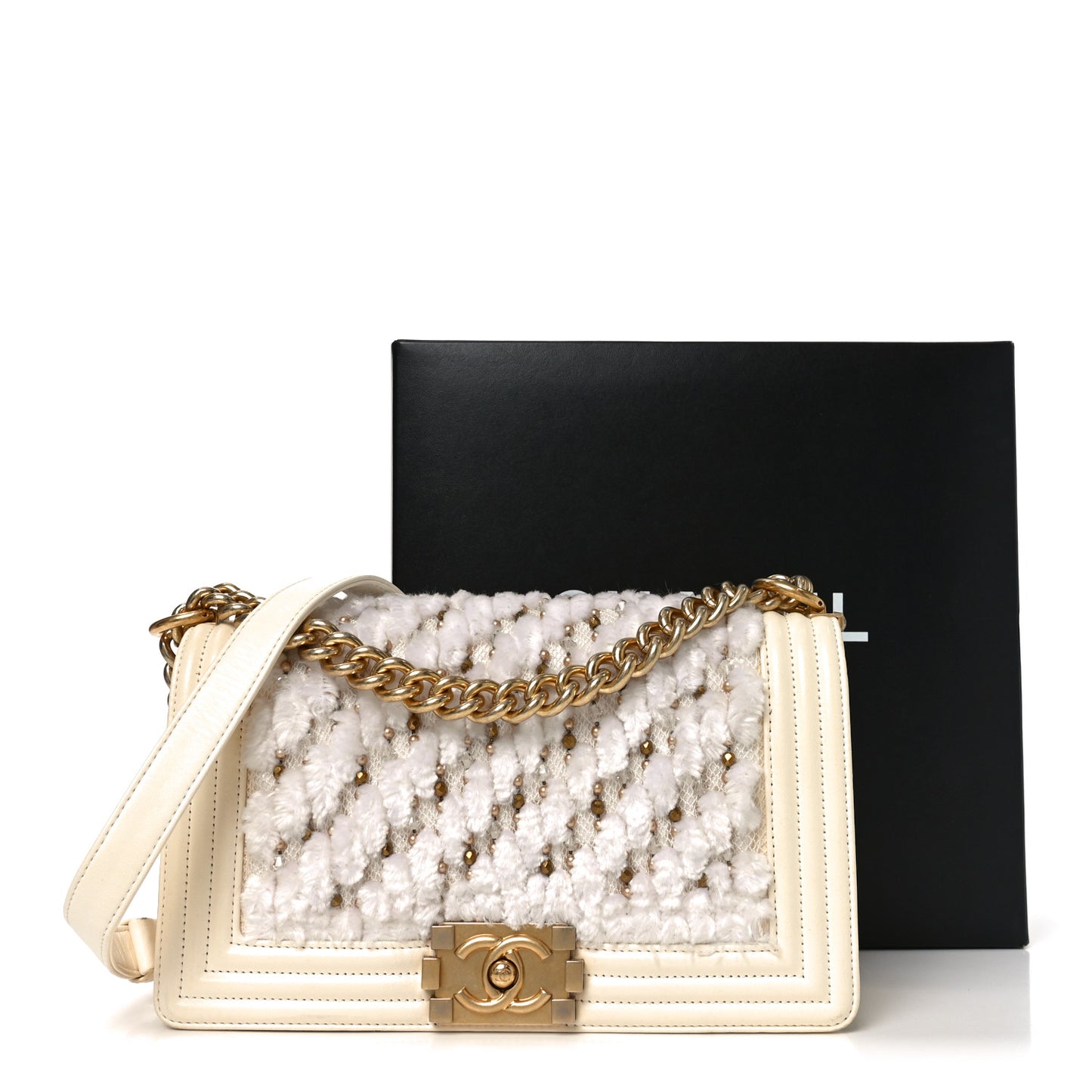 Lambskin Tulle Embroidered Medium Boy Flap White