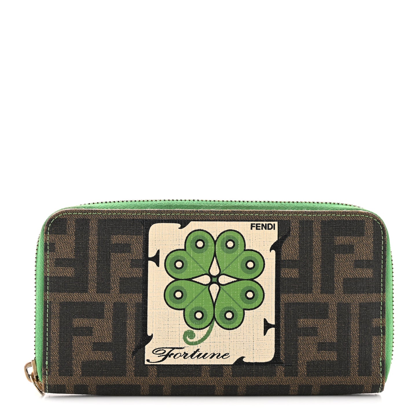 Zucca Spalmati Vitello Elite Clover Print Zip Around Wallet Tobacco Green
