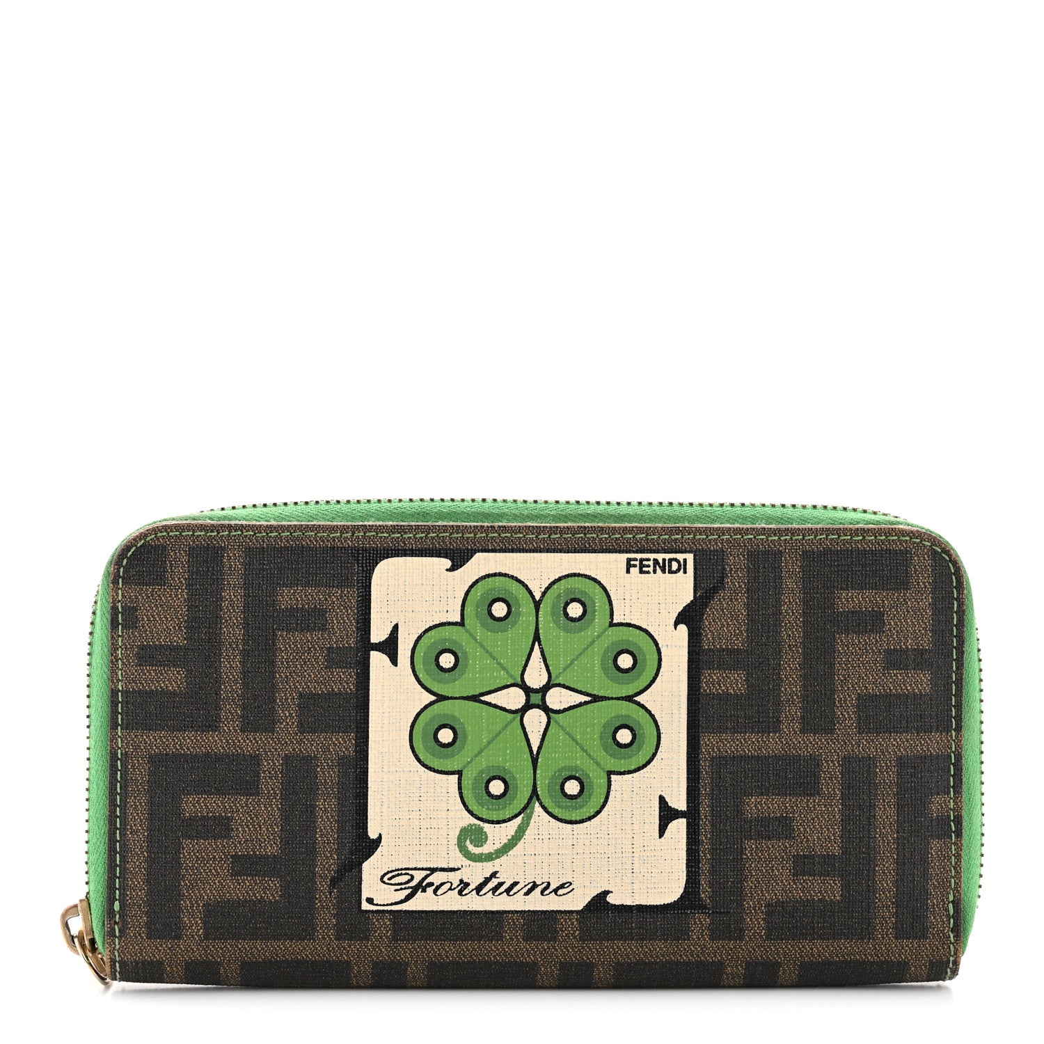Fendi Zucca Spalmati Vitello Elite Clover Print Zip Around Wallet Tobacco Green 1 of 12
