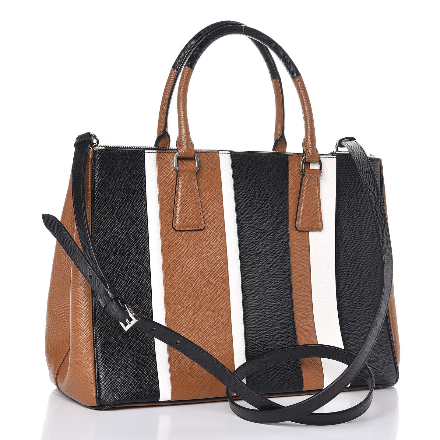 Saffiano Baiadera Striped Medium Galleria Double Zip Tote Caramel Black White