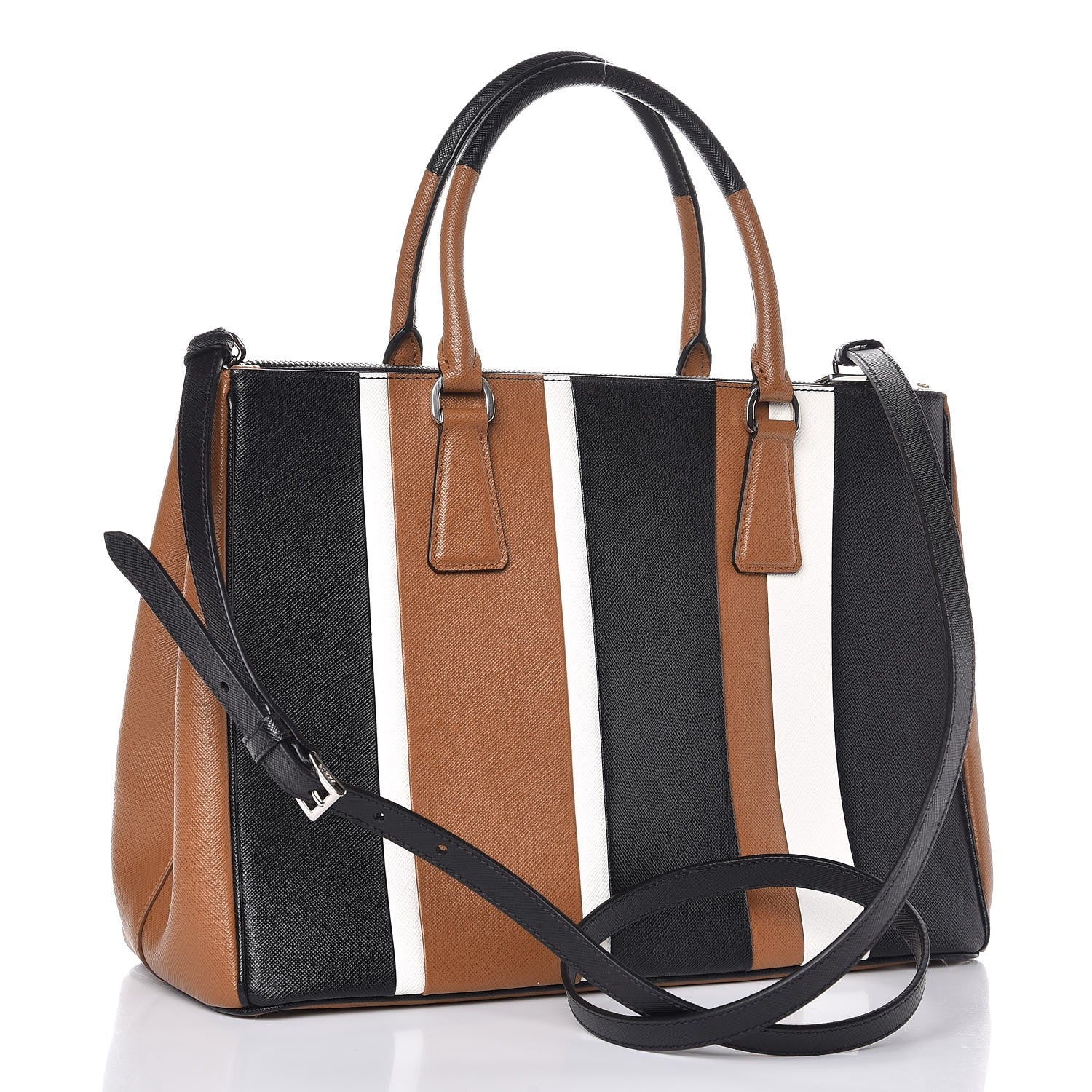 Prada Saffiano Baiadera Striped Medium Galleria Double Zip Tote Caramel Black White 4 of 9