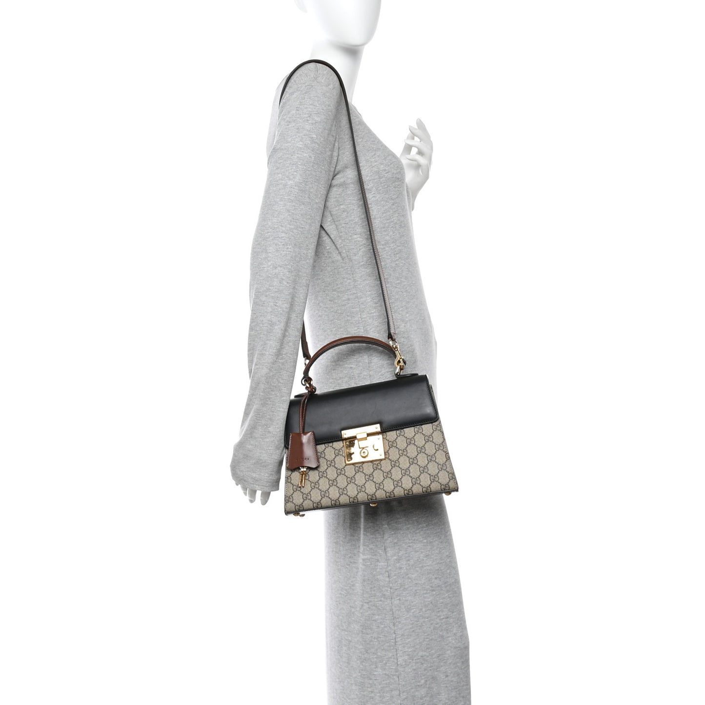 GG Supreme Monogram Calfskin Small Padlock Top Handle Bag Beige Black Cuir