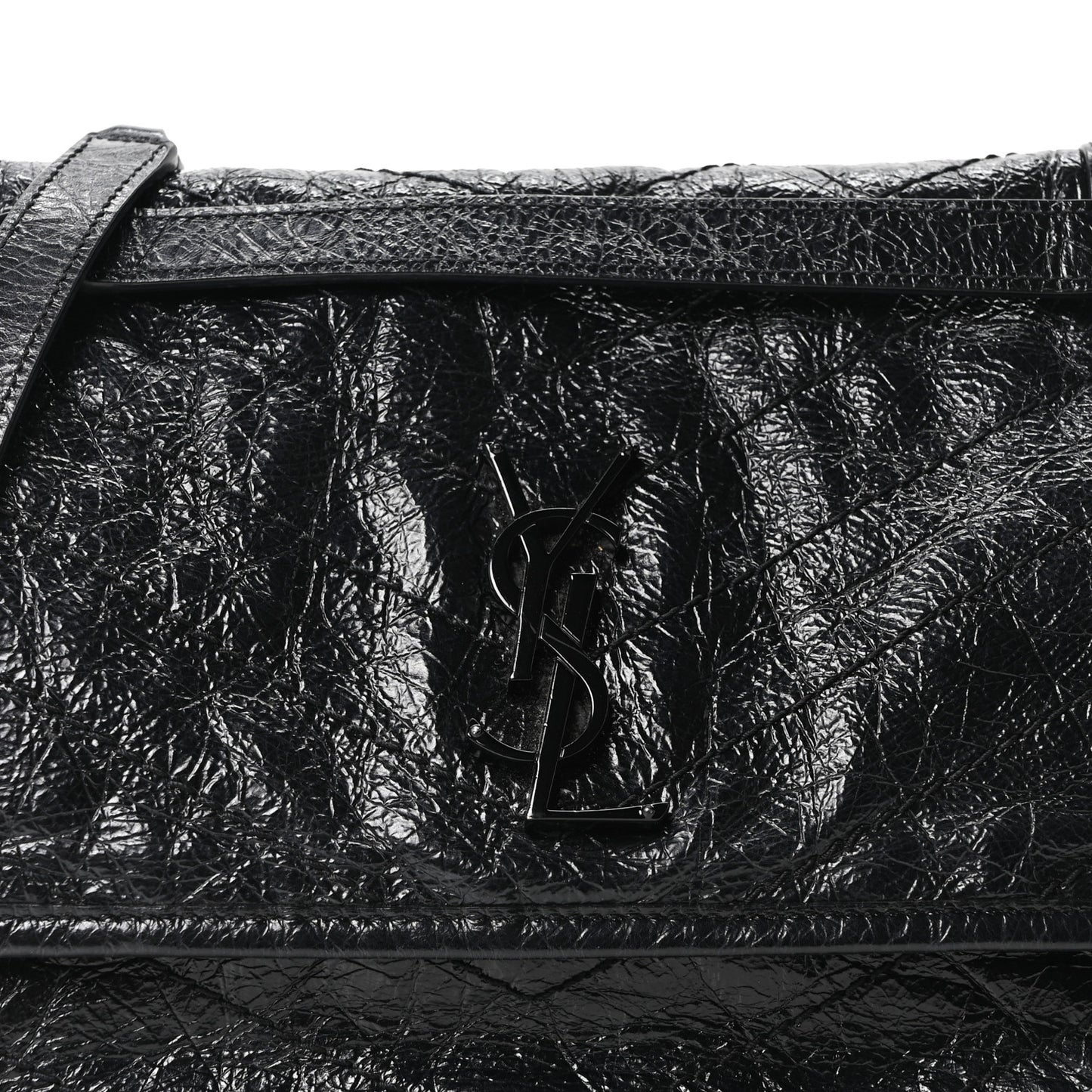 Crinkled Calfskin Matelasse Monogram Medium Niki Chain Satchel Black