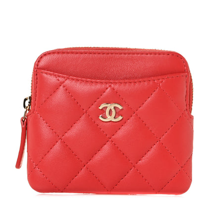 Chanel Lambskin Quilted Zip Card Holder Wallet Red 1 of 10