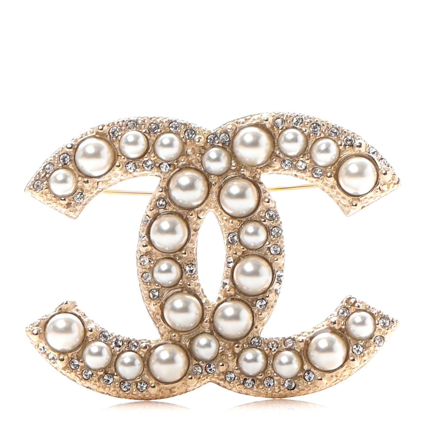 Metal Crystal Graduated Pearl CC Brooch Gold