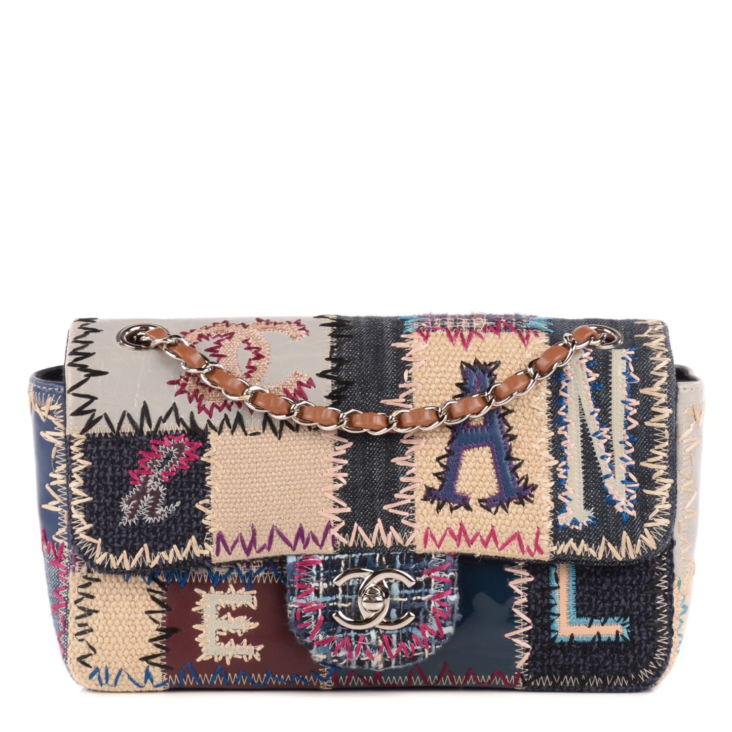 Denim Tweed Patchwork Medium Single Flap Multicolor