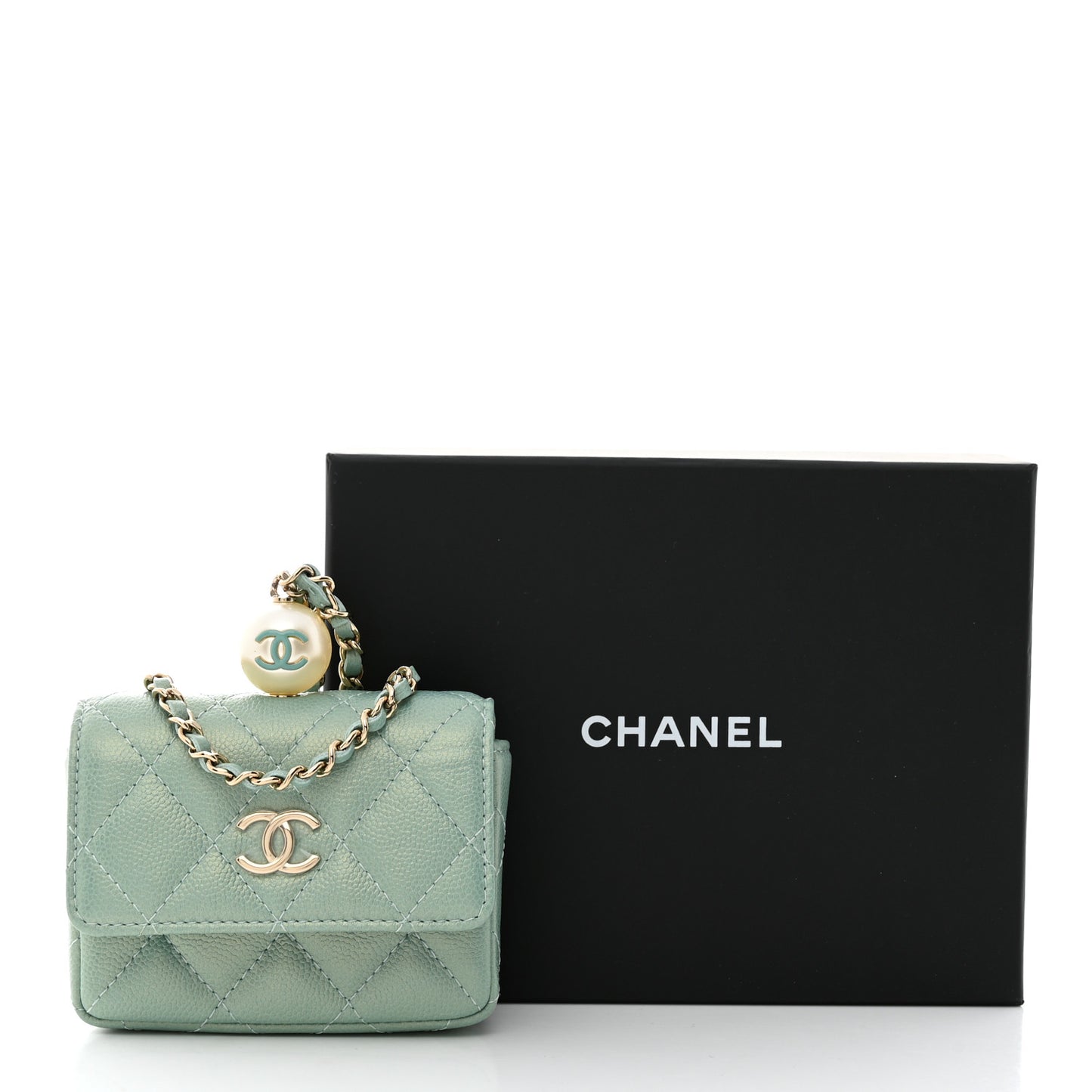 Iridescent Caviar Quilted Pearl On Top Coin Purse With Chain Light Green