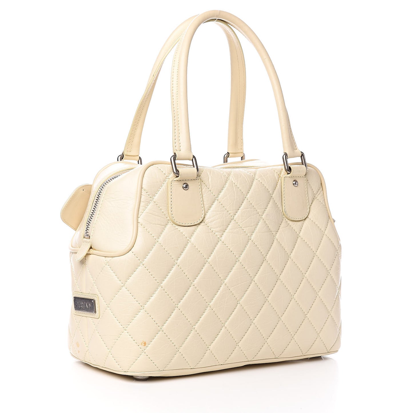 Distressed Lambskin Quilted Paris New York PNY Medium Travel Bag Ivory