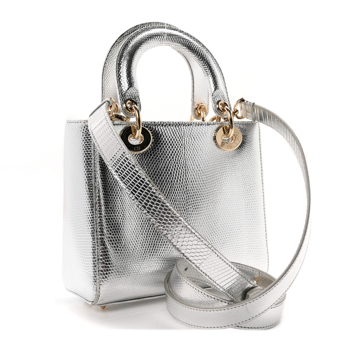 Metallic Lizard Small Lady Dior Argent
