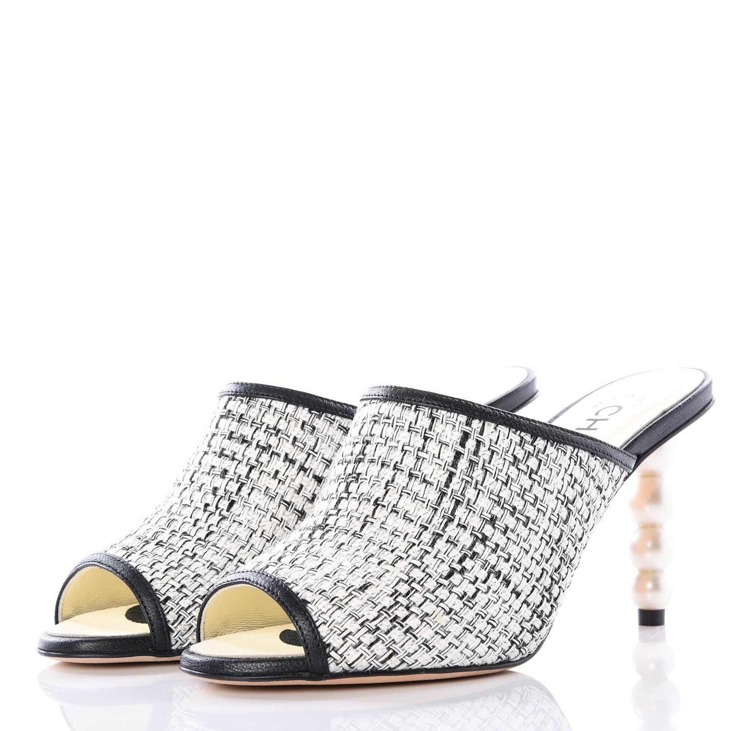Tweed Goatskin Pearl Mules 35.5 Grey Beige Black