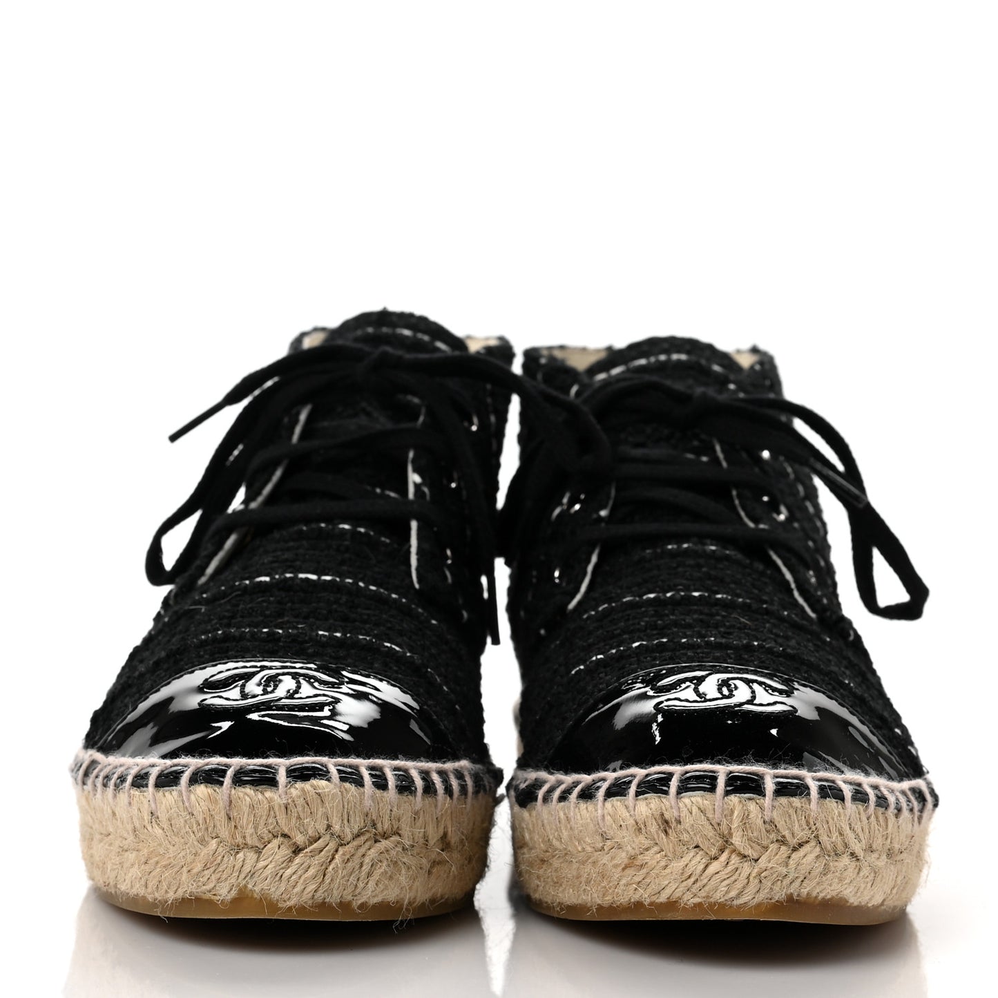 Tweed Calfskin Patent CC Lace Up Espadrilles 38 Black