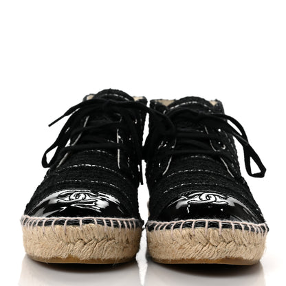 Chanel Tweed Calfskin Patent CC Lace Up Espadrilles 38 Black 2 of 7