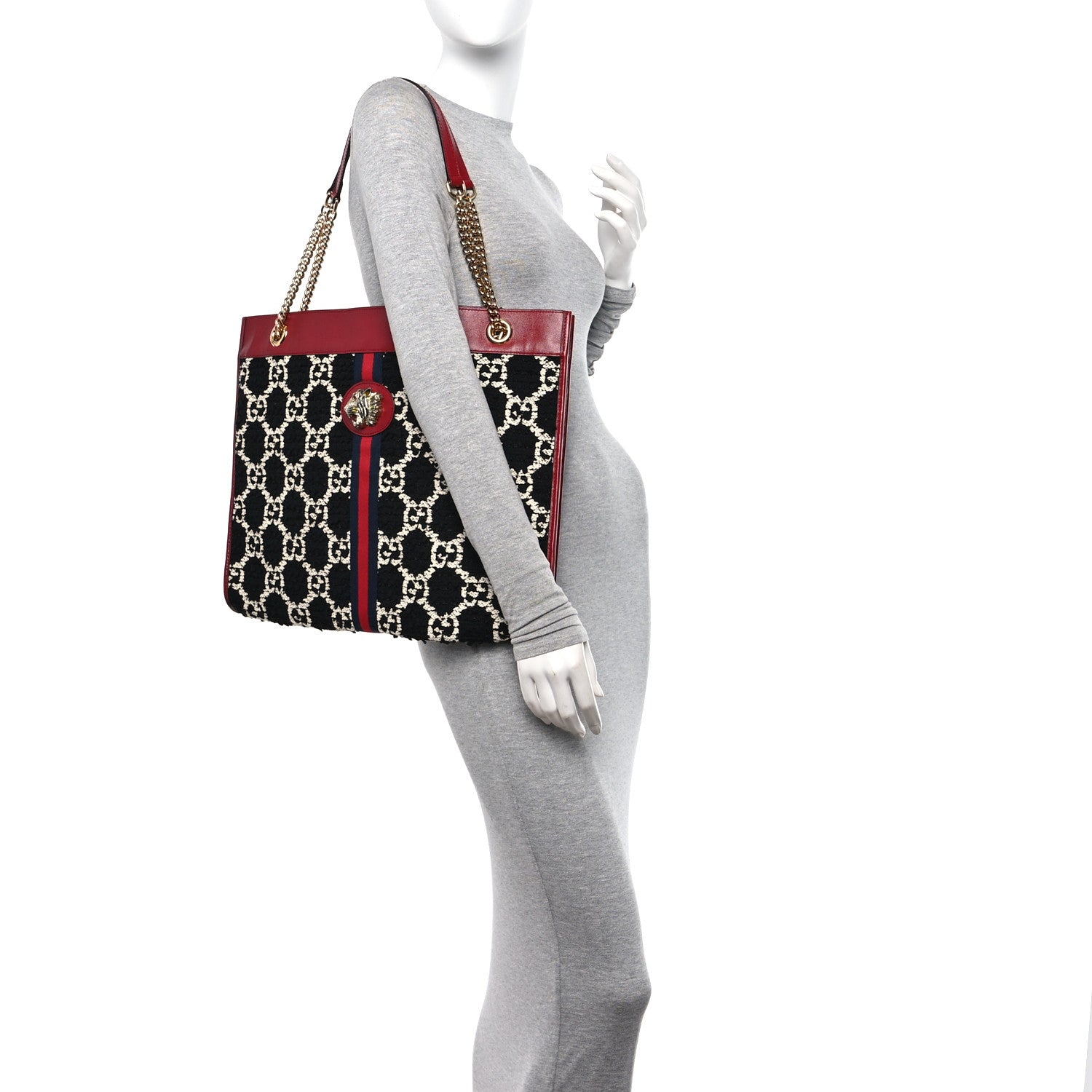 Gucci Tweed GG Monogram Large Rajah Chain Tote Romantic Cherry Black White 2 of 12