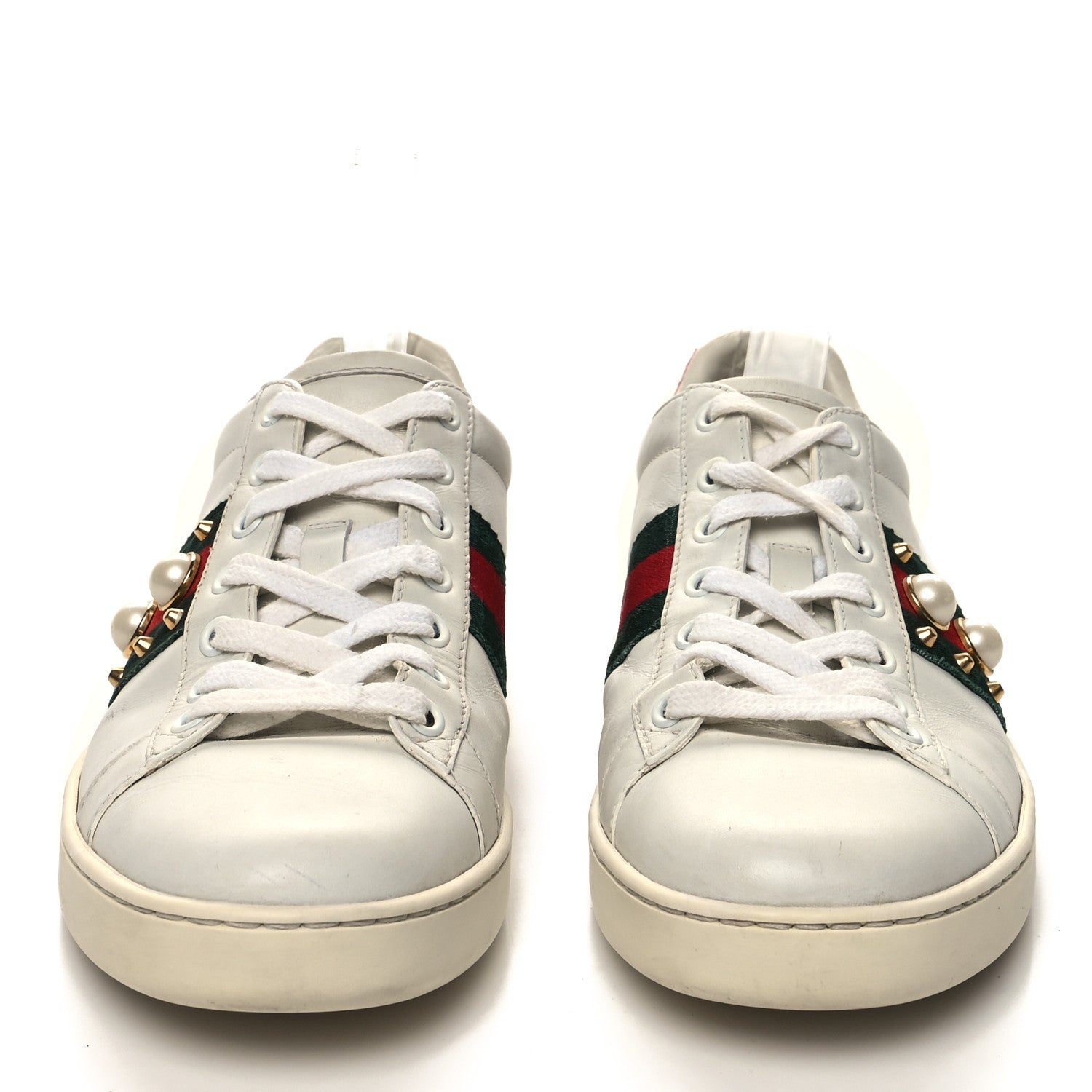 Gucci Calfskin Web Pearl Studded Womens Ace Sneakers 37.5 White 2 of 11