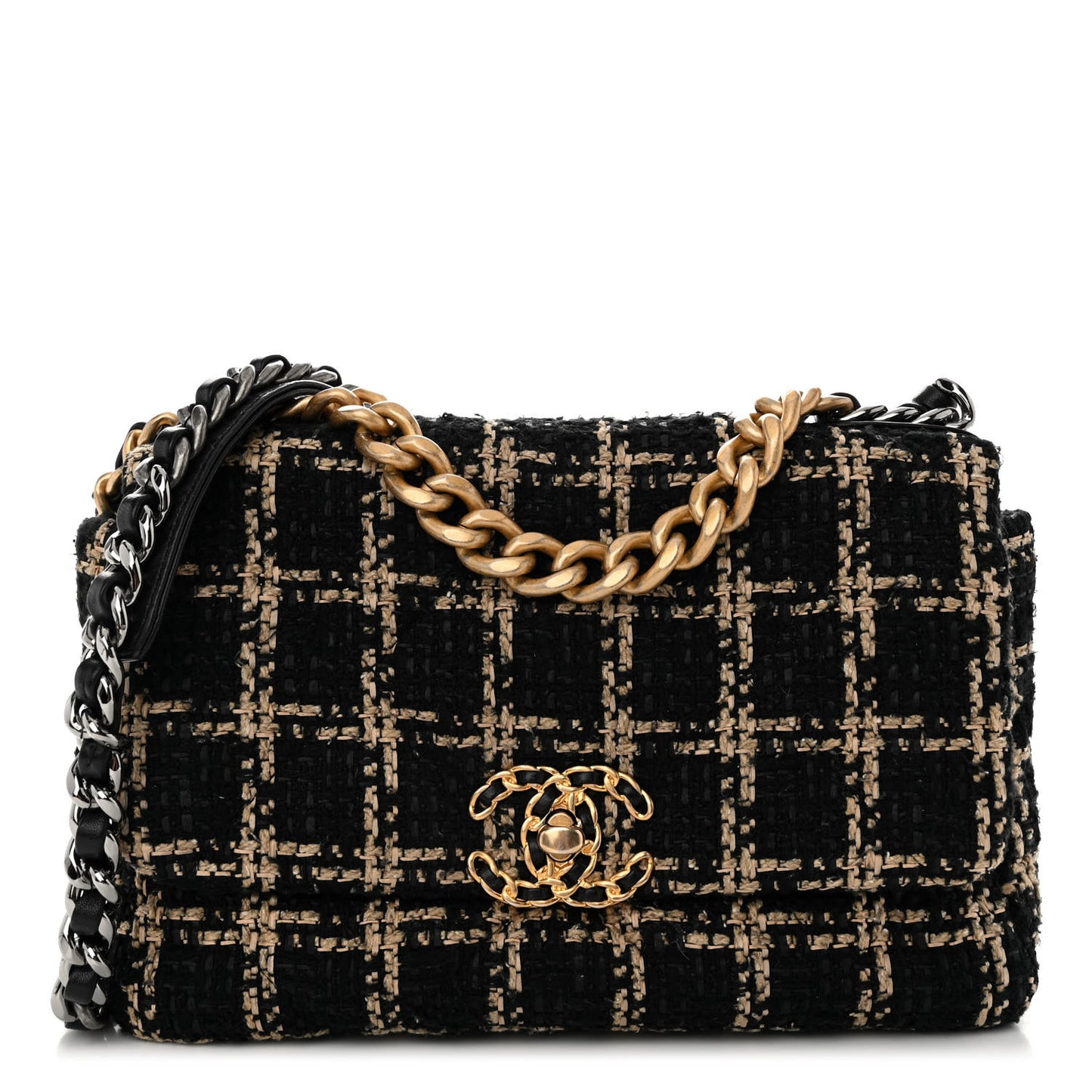 Tweed Quilted Medium Chanel 19 Flap Black Beige