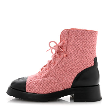 Chanel Wool Tweed Calfskin Chain Lace Up Combat Boots 38.5 Pink Black 1 of 11