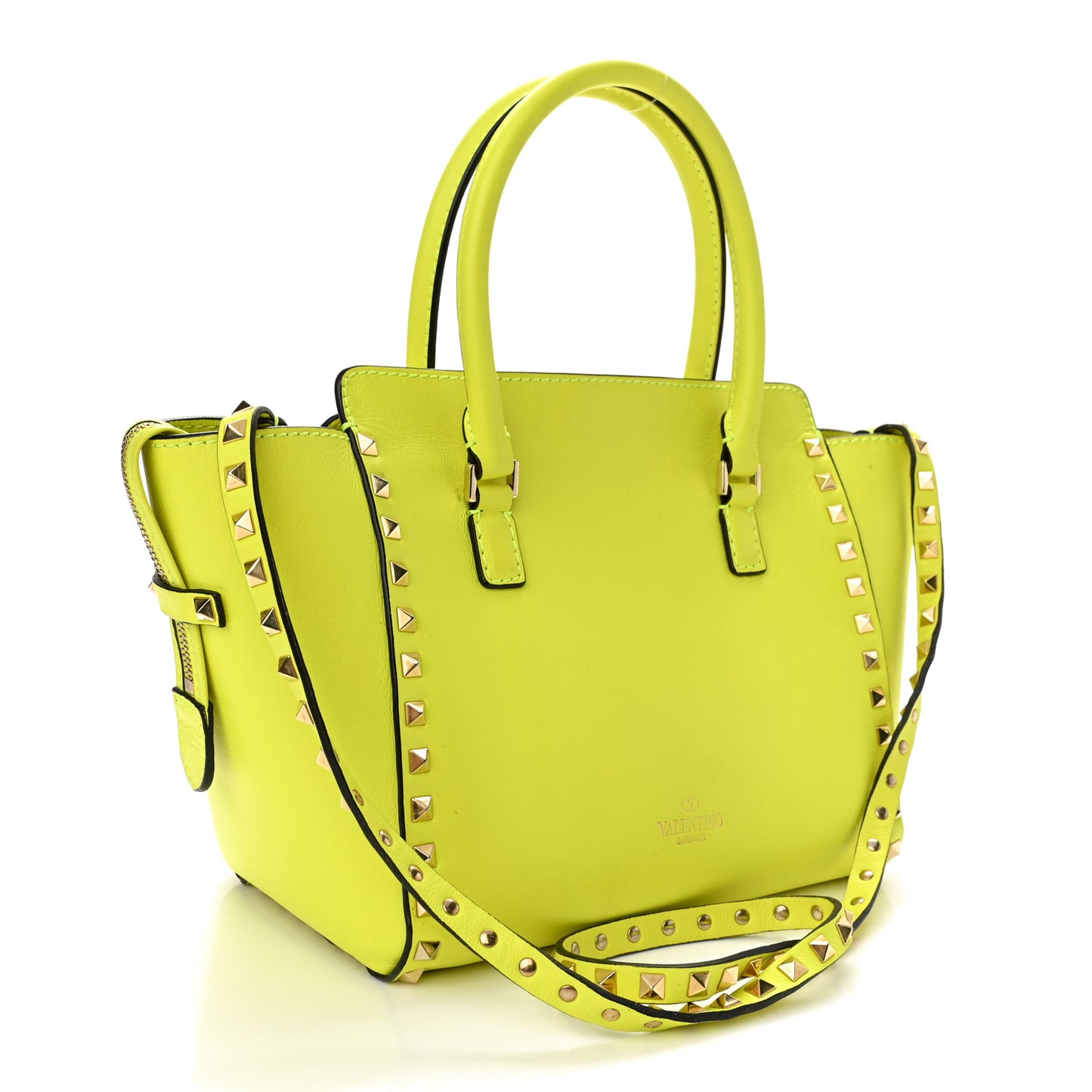 Vitello Small Rockstud Double Handle Tote Yellow Fluo