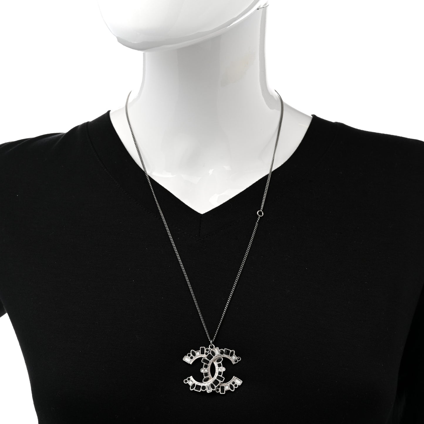 Baguette Crystal Large CC Necklace Silver Black