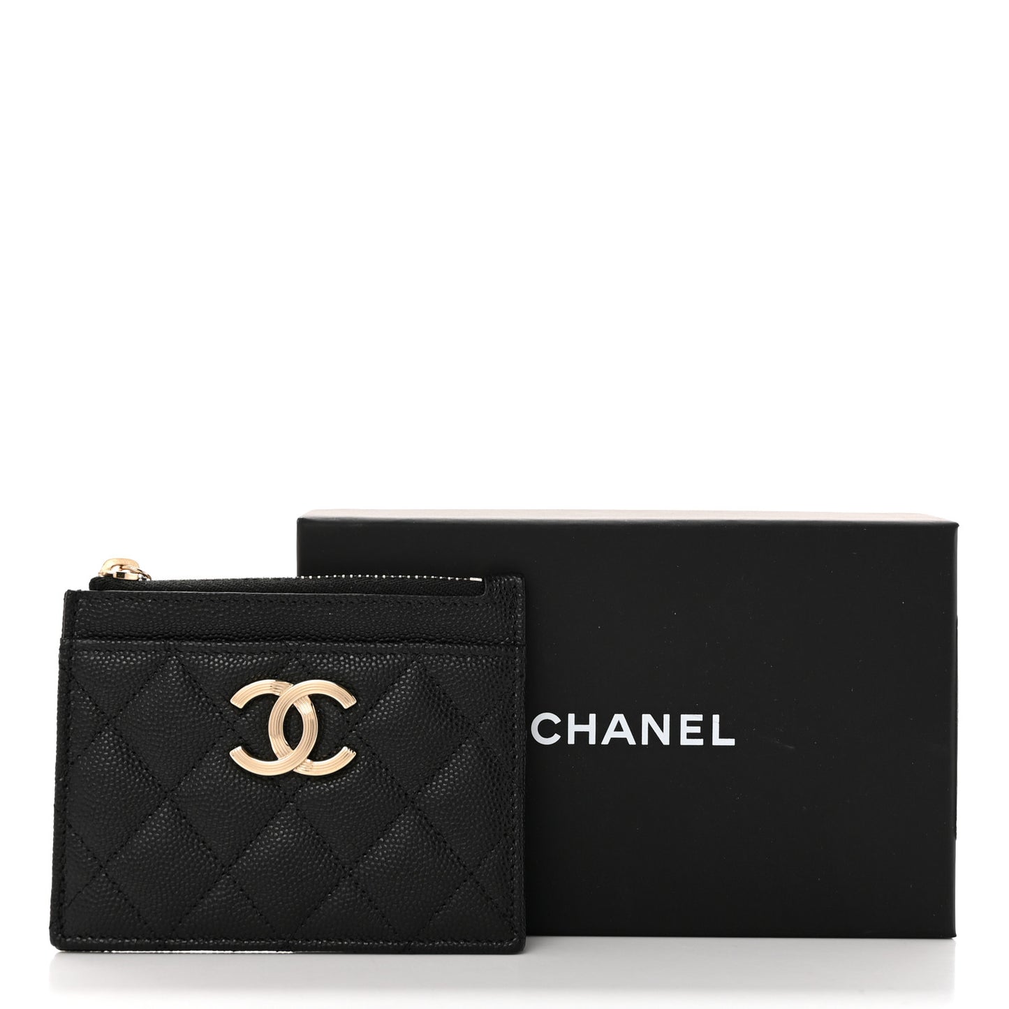 Caviar Quilted Striated Zip Card Holder Wallet Black