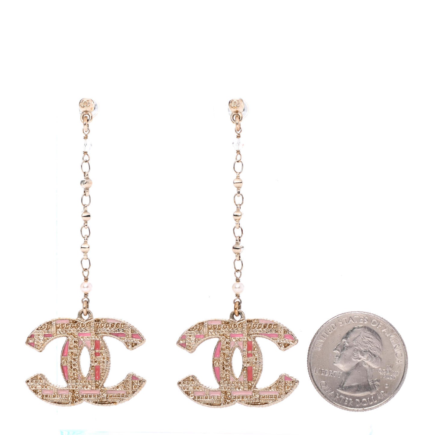 Pearl Crystal CC Tweed Drop Earrings Gold Pink Pearly White