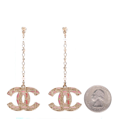 Chanel Pearl Crystal CC Tweed Drop Earrings Gold Pink Pearly White 2 of 4