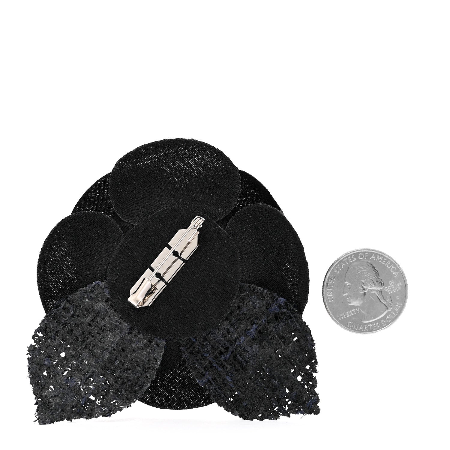 Chanel Tweed Fabric Camellia Pin Brooch Navy Black 2 of 3