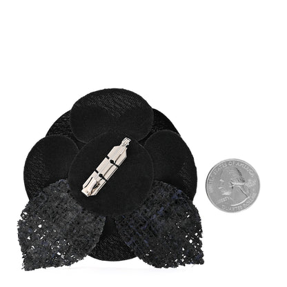 Chanel Tweed Fabric Camellia Pin Brooch Navy Black 2 of 3