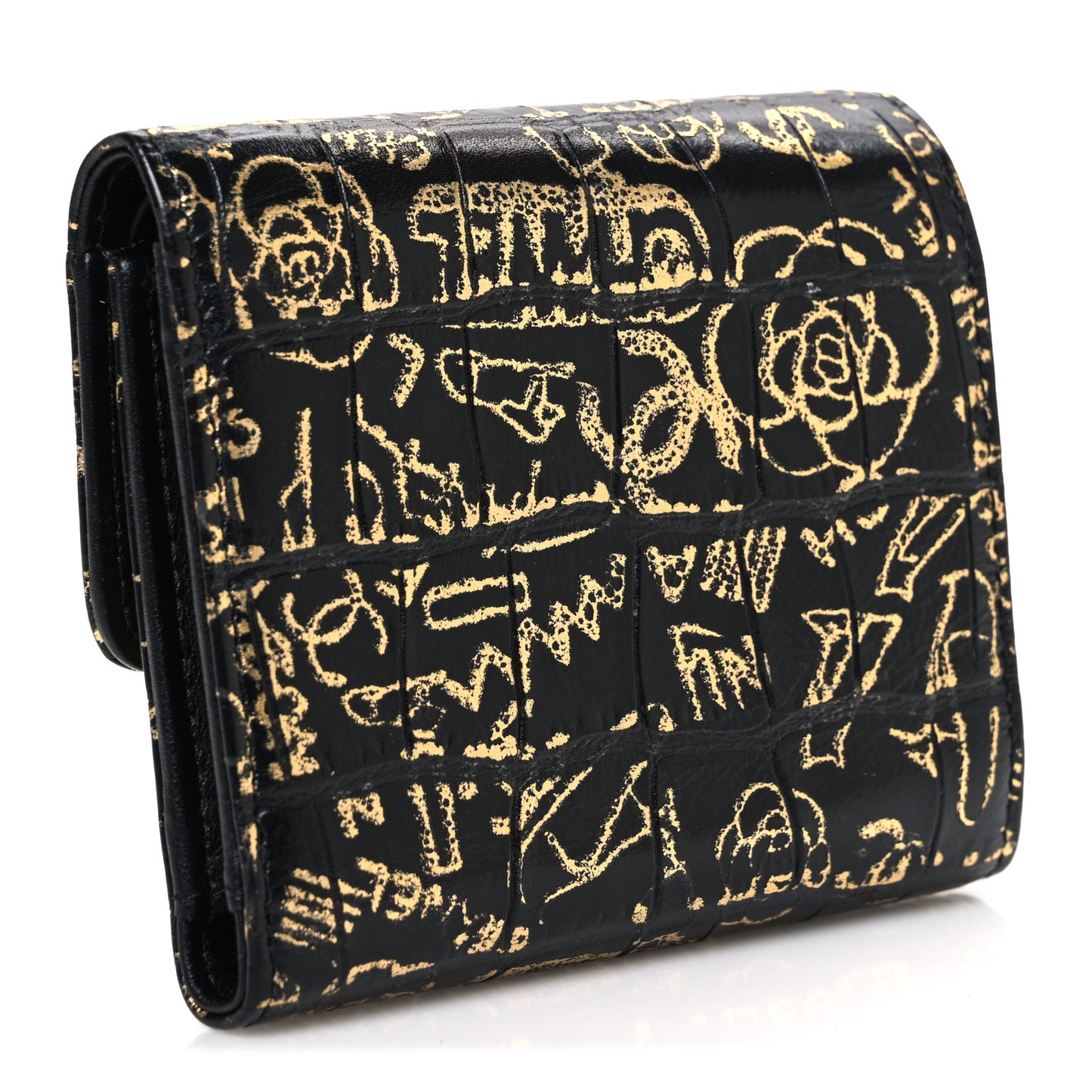 Calfskin Crocodile Embossed Graffiti Reissue Compact Wallet Black Gold