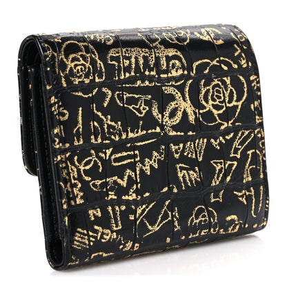 Chanel Calfskin Crocodile Embossed Graffiti Reissue Compact Wallet Black Gold 3 of 8